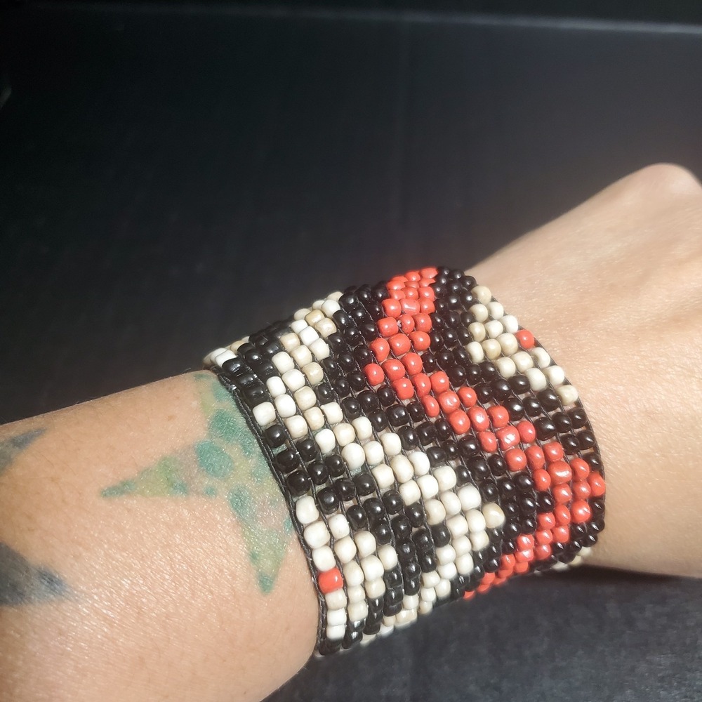 Glass Seed Bead Chevron Beaded Bracelet Wrist Band - Red Ivory Black Tribal‎